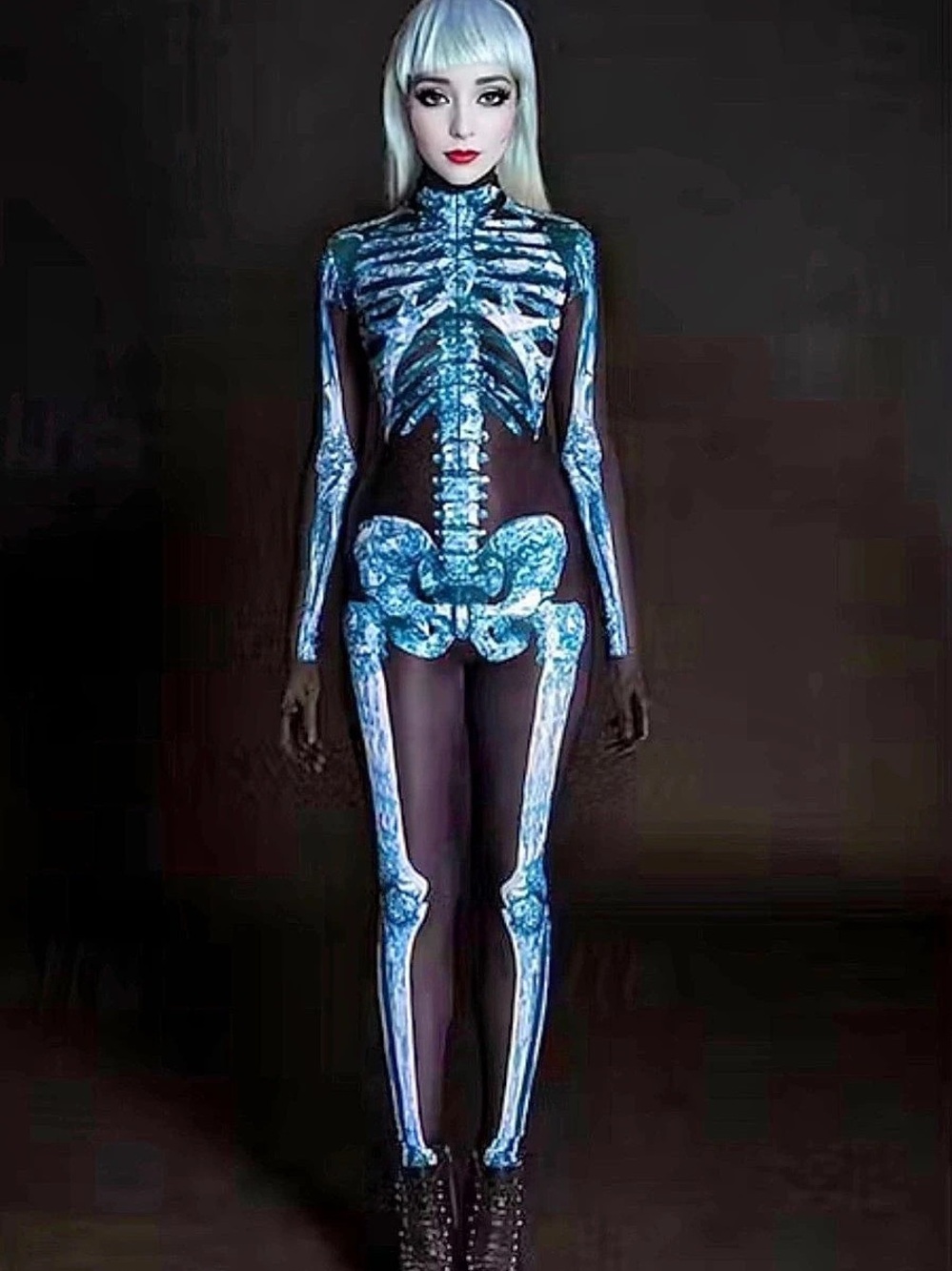 Blue Crystal Skeleton Night Queen Halloween Costume -UV Reactive!  NWOT